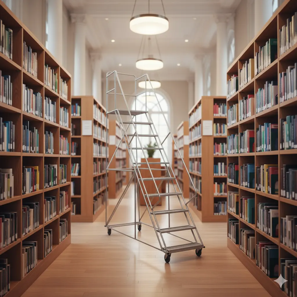 Escalera tipo avión en biblioteca académica con estanterías altas